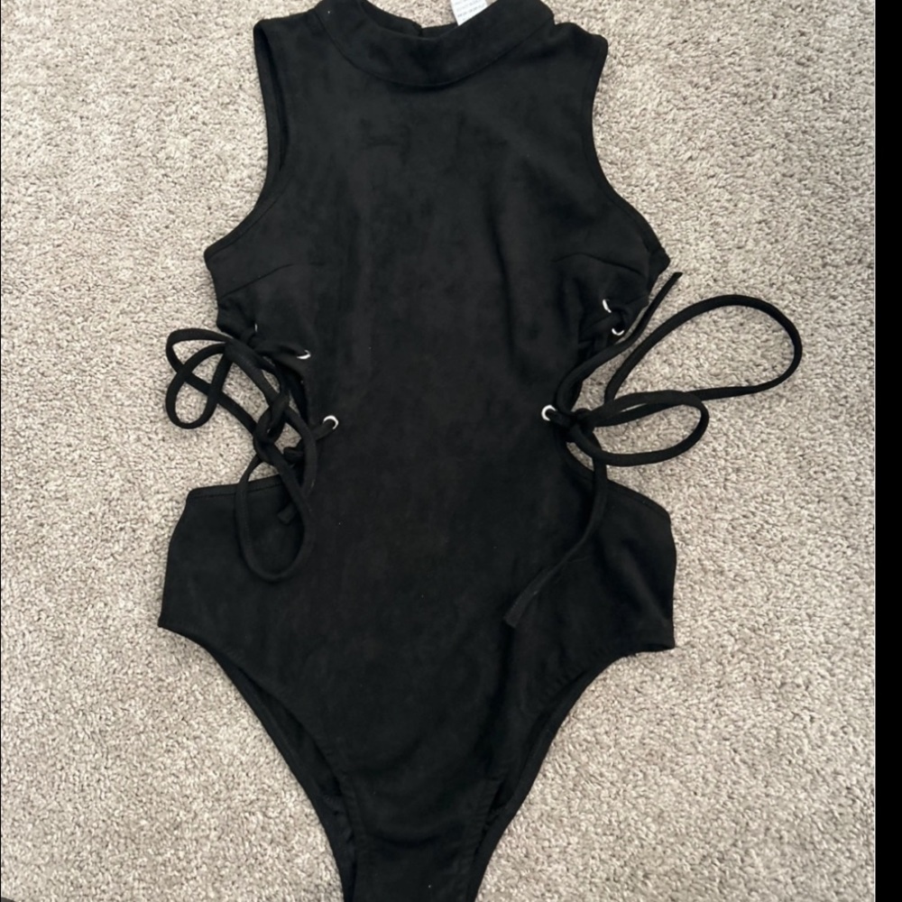 I heart raves faux suede body suit